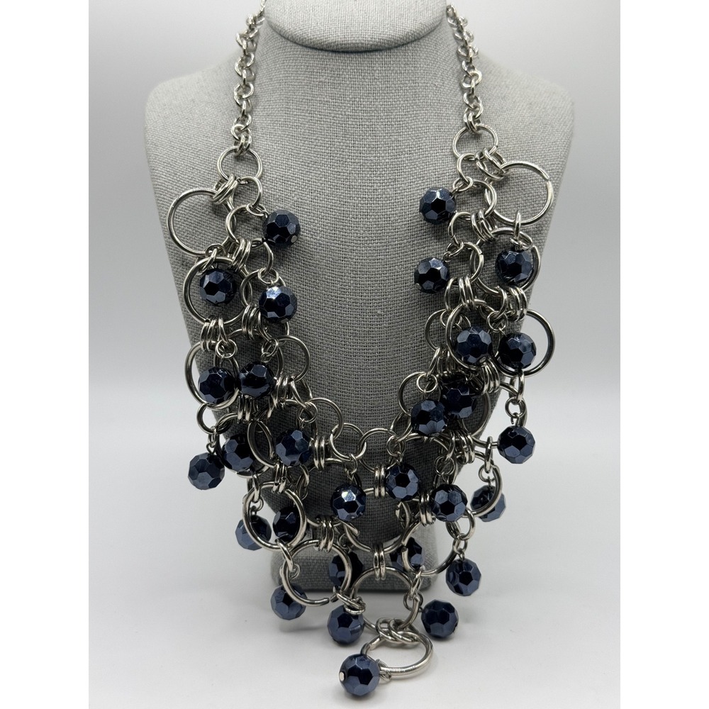 Cookie Lee Silver Tone Navy Blue Faceted Bead Bib Statement Necklace 15-17"